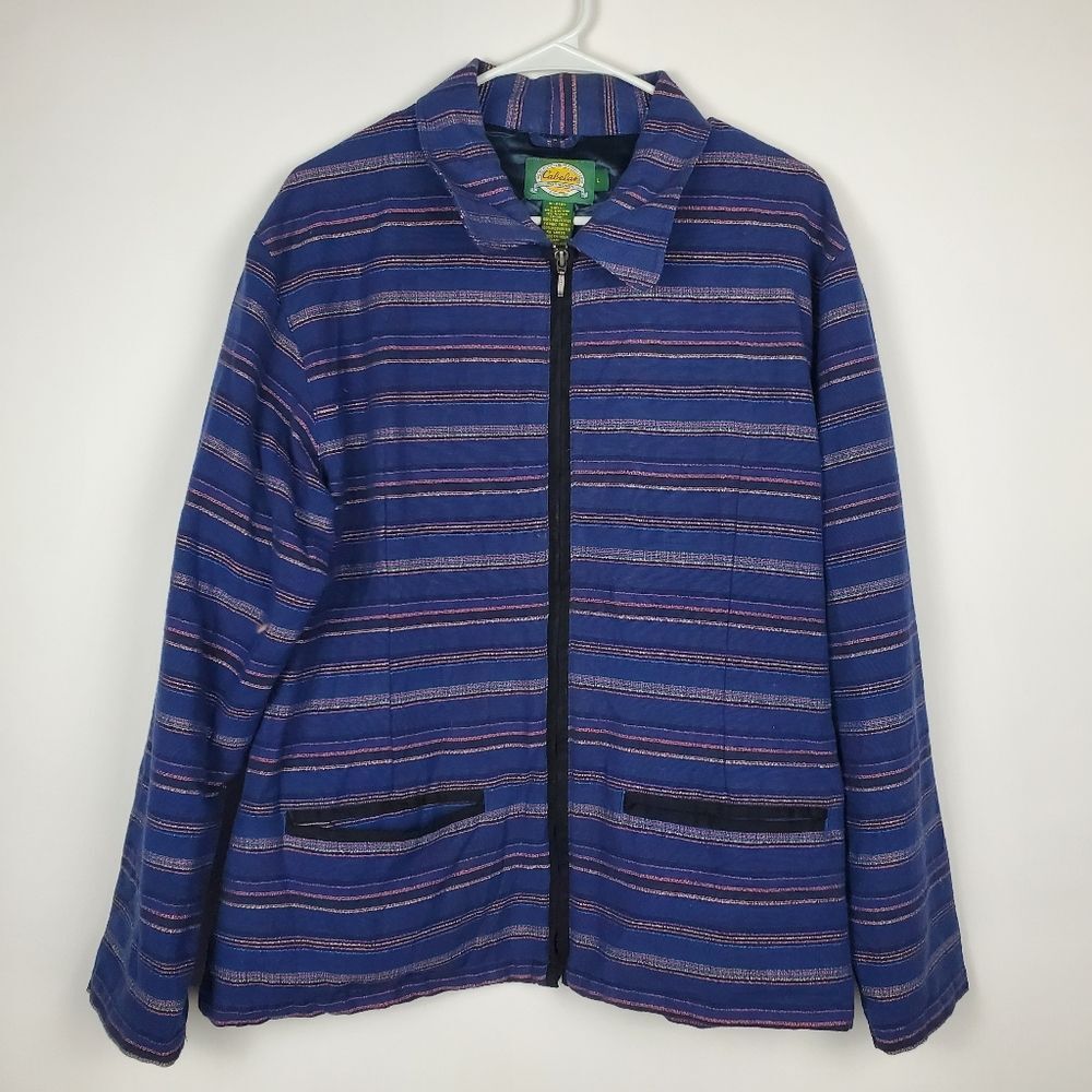 CABELAS Full Zip Up Striped Sweater Jacket Embroidered Colorful Collared Lined
